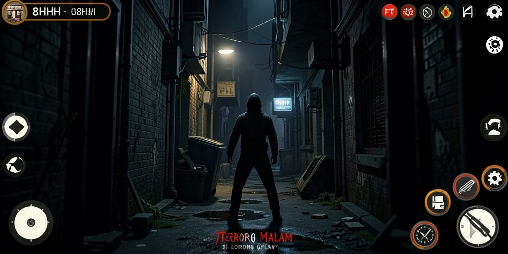 Tampilan gameplay mencekam dari 8HHH dengan suasana gelap.