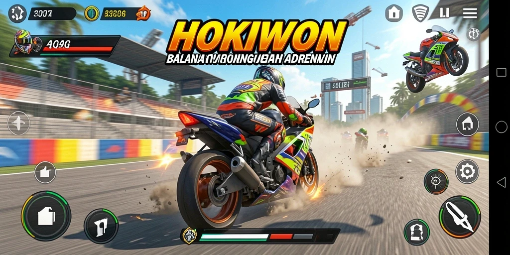 Tampilan gameplay HOKIWON dengan balapan motor yang seru dan grafis menarik.