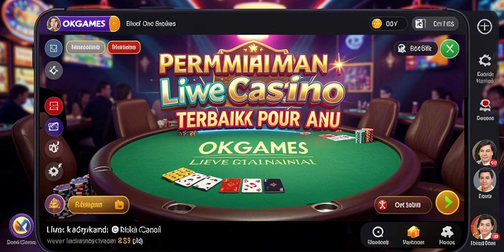 Screenshot gameplay <strong>OKGAMES</strong> menunjukkan dealer langsung dan suasana kasino yang menakjubkan.