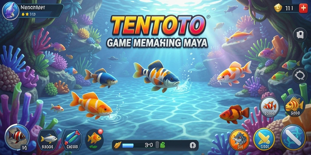 Screenshot TENTOTO menampilkan aksi memancing yang mendebarkan dan suasana bawah laut yang menakjubkan.